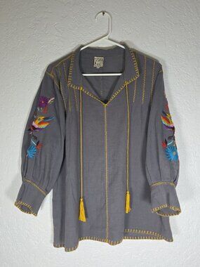Sister Mary Floral Embroidered Sleeve Gray Yellow Collared Medium